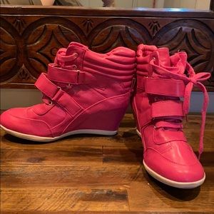 MIA Pink Leather Wedge Sneakers, slightly used